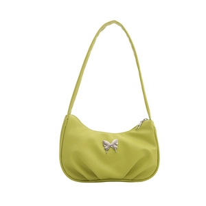 Minimalist green crescent underarm bag with silver butterfly and pleated leather base