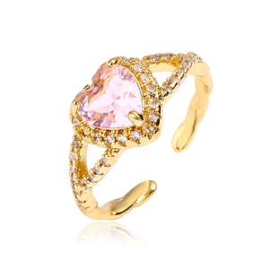 18K gold plated adjustable ring with heart-shaped pink zircon and twisted rope band