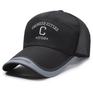 Men's black breathable mesh baseball cap with white embroidery for outdoor sports