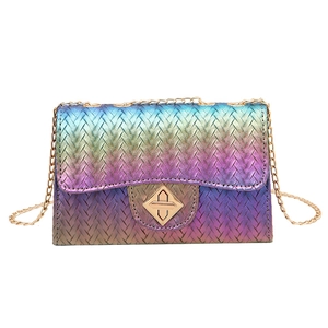 Fashionable metallic gradient woven embossed chain square crossbody bag in purple and blue
