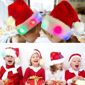 Plush LED Christmas hat set for adults and kids featuring glowing festive red velvet fabric