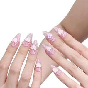 Pink Aurora y2k press-on nails in long stiletto shape with 3D heart pearl charms