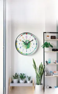 Detailed dial of children dinosaur wall clock with clear numerals and silent movement
