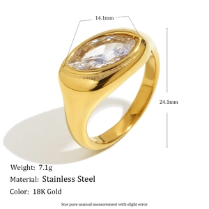 18K gold plated stainless steel ring with a marquise cut stone shown from a 45-degree angle