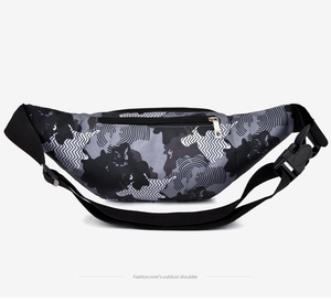 Detail of waterproof camouflage tactical waist bag with adjustable strap and buckle