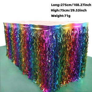Rainbow foil fringe table skirt for party decor with dimensions 275cm x 75cm