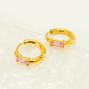 French style gold plated hoop earrings featuring rectangular pink zircon stones