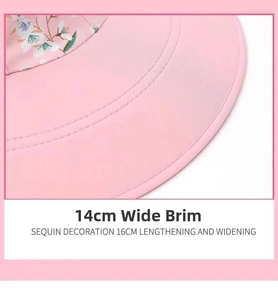 Detail of pink sun hat featuring a 14cm wide brim and floral patterned fabric top