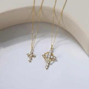 Double layered gold 925 silver necklaces with sparkling cross pendants and zircon stones
