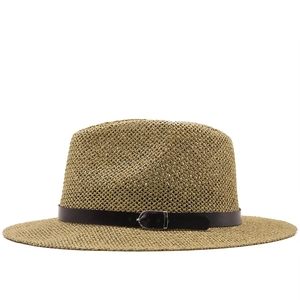 Chapeau de paille classique avec ruban en cuir noir et boucle pour protection solaire