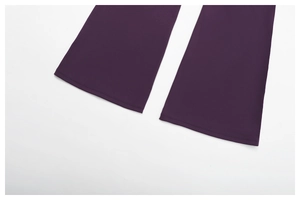 Detail view of double-stitched hem on high-elastic purple yoga pants with matte finish