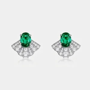 925 Sterling Silver Lab-Created Emerald Fan Shaped Stud Earrings Pave Zirconia Elegant Skirt Jewelry For Women
