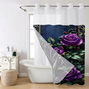 Detail of waterproof waffle shower curtain with purple rose floral print and steel hooks