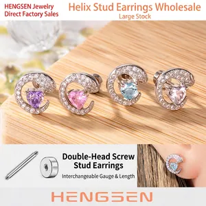 Heart Zircon Crescent Moon Helix Cartilage Piercing Stud Earring Titanium Steel With Flat Screw Back For Women Girls