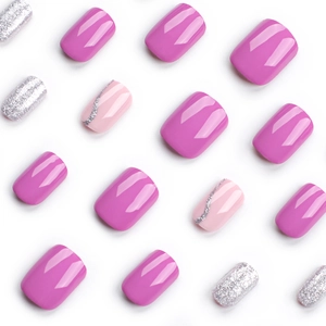 Short square press-on nails in solid purple and sparkling silver glitter designs