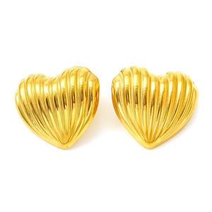 Textured gold heart stud earrings featuring a minimalist striped metallic design