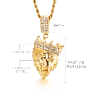 Detailed view of golden stainless steel lion head pendant with rhinestone crown