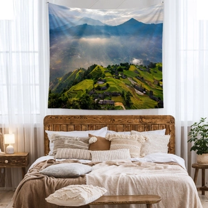 Bohemian wall tapestry featuring lush green mountain terrace landscape for bedroom decor