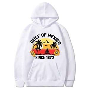 White oversized hoodie with Gulf of Mexico vintage tropical print and palm tree graphics