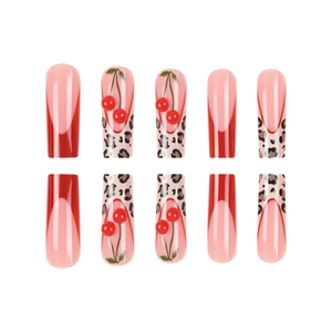 Red cherry and leopard print long coffin press-on nails with 3D rhinestone accents