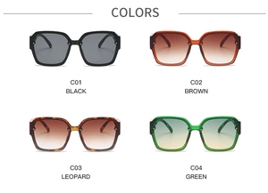 Detailed grid view of square rivet sunglasses in black, brown, leopard, and green colorways