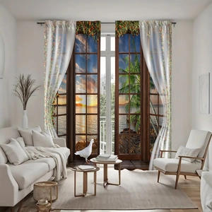 Detail of 3D digital landscape sunset window scene print on high-quality polyester curtains