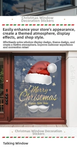 Macro detail of Merry Christmas window sticker with red Santa hat and golden text