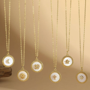 Gothic Punk Pendant Necklace Copper Zirconia Inlaid Mother Of Artificial Pearl Star Moon Butterfly Cross Sun Jewelry For Women
