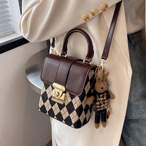 French retro rhombic canvas handbag with brown leather flap and cute rabbit charm