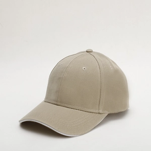 Detailed 45-degree angle view of khaki cotton baseball cap with structured six-panel crown