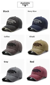 Detail view of washed cotton baseball caps with vintage distressed texture and embroidery