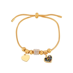 Golden snake chain bracelet with sparkling multi-color rhinestone heart pendants