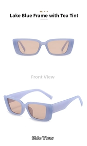 Front and side view of rectangular sunglasses in matte light blue with brown lenses