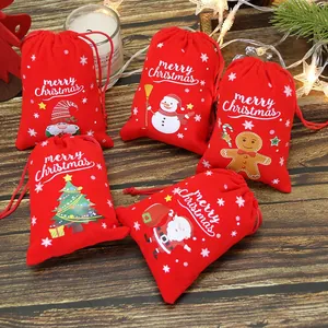 Sacs Cadeaux De Noël Velours Rouge Cordon Sachets Bonbons Motif Père Noël Bonhomme De Neige Décoration De Fête