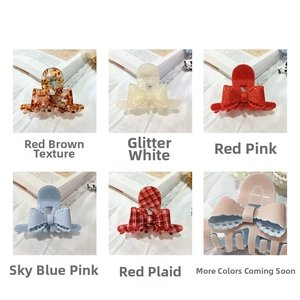 Collage showing various colors and patterns of elegant bow hair claws in acetate finish