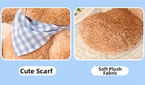 Detail of cute teddy bear with blue checkered scarf and soft brown plush texture