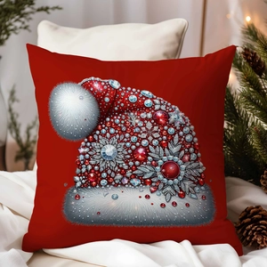 Red Christmas pillow cover with 3D diamond Santa hat design in a cozy festive setting