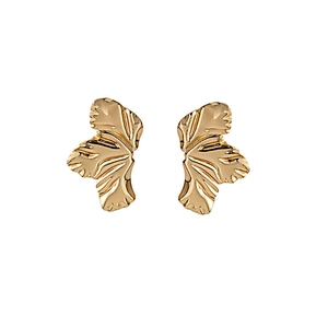 Minimalist gold leaf earrings with textured metallic petals on a clean white background