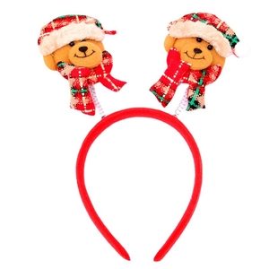 Christmas headband with plush brown bears wearing red plaid hats and scarves