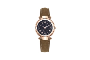 Detailed view of women's starry sky watch with diamond-cut glass and leather strap
