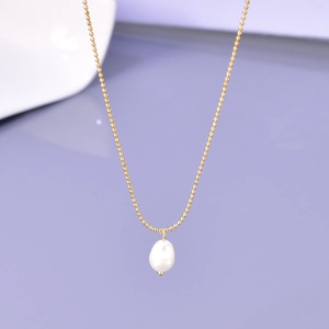 French vintage stainless steel necklace with a single natural baroque pearl pendant
