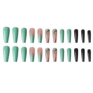 Long ballerina press-on nails with emerald green gradient and glitter black glossy finish