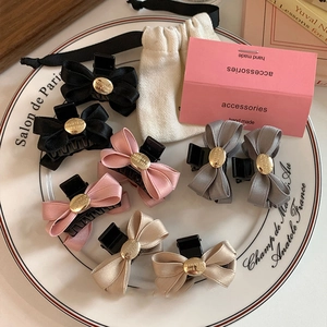 Satin Bow Hair Claw Clip French Vintage Fabric Ribbon Hairpin With Round Metal Buckle For Women Girls