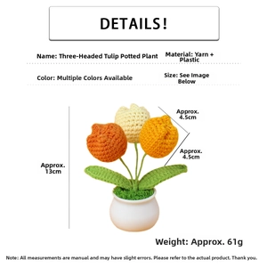 Detail showing height dimensions of handmade crochet 3-head gradient tulip in a ceramic pot