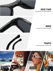 Detailed views of comfort nose pads, reinforced hinges and ergonomic temple tips of sunglasses