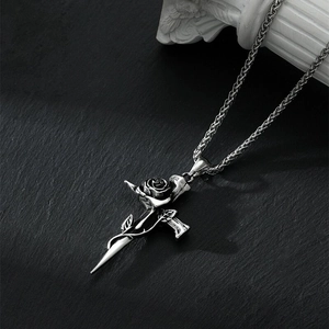 Silver thorn rose sword necklace with black flower pendant for men and women