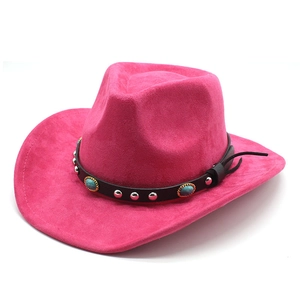 Detail of rose red suede cowboy hat with turquoise stones and silver studs on black band