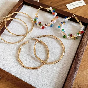 Vintage Round Hoop Earrings With Colorful Crystal Imitation Artificial Pearl And Silver Earring Post Wrapped Geometric Jewelry