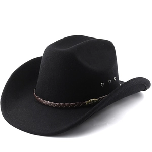Western Cowboy Hat Wide Curved Brim Felt Polyester Cotton Braided Leather Band Metal Buckle Breathable Outdoor Jazz Fedora