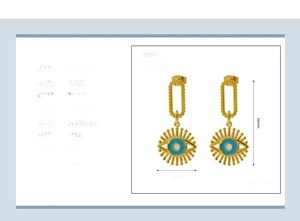 Detailed dimensions of gold stainless steel Evil Eye earrings with blue enamel